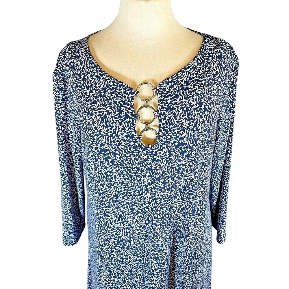 MSK Swing‎ Dress Navy White Print 3 Ring Detail Long Sleeve XL
